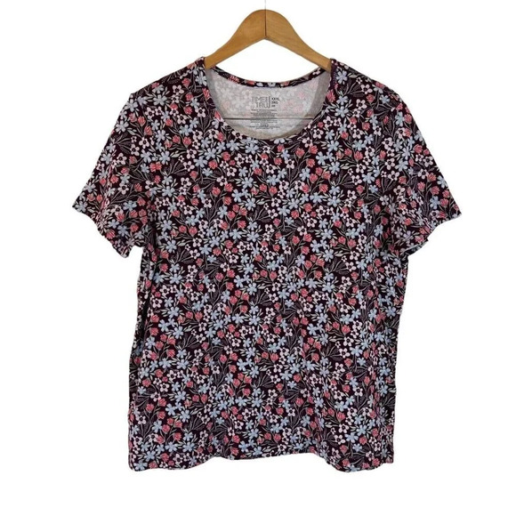 Time and Tru Floral T Shirt Plus XXXL 100% Cotton Knit Burgundy Coral Mint White - Picture 1 of 5